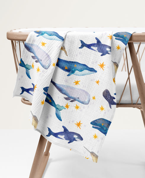 Premium Musselintuch – Wale (120x120cm)